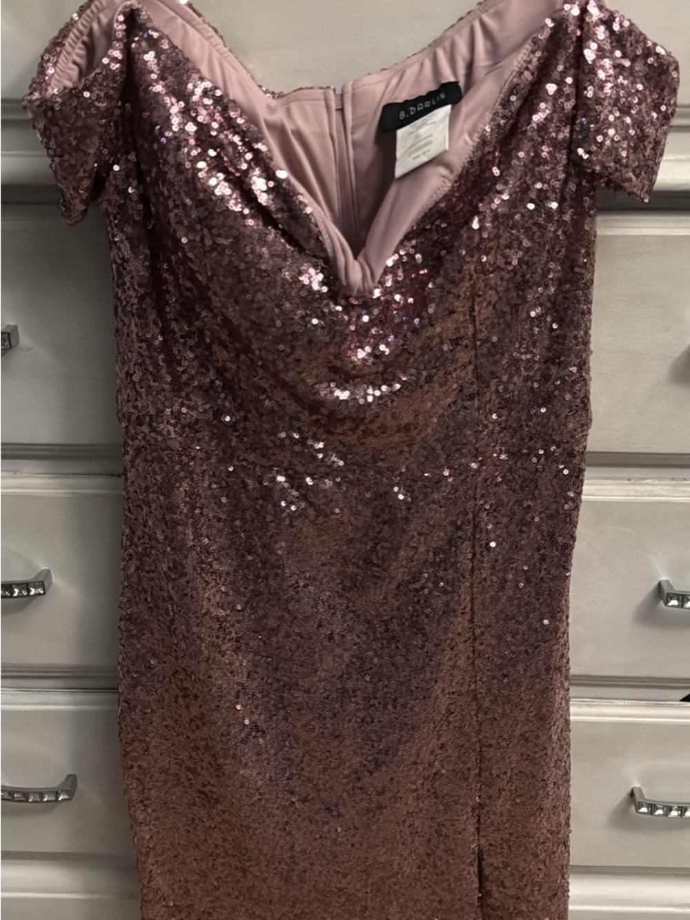 B Darlin Rose-Mauve Sequin Off-Shoulder Mini Dress